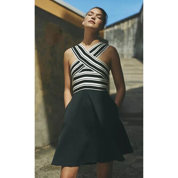 Anthropologie Crosswise Flare Dress Womens 2 Petite Black Mini Fit Flare Bandage - Picture 1 of 14